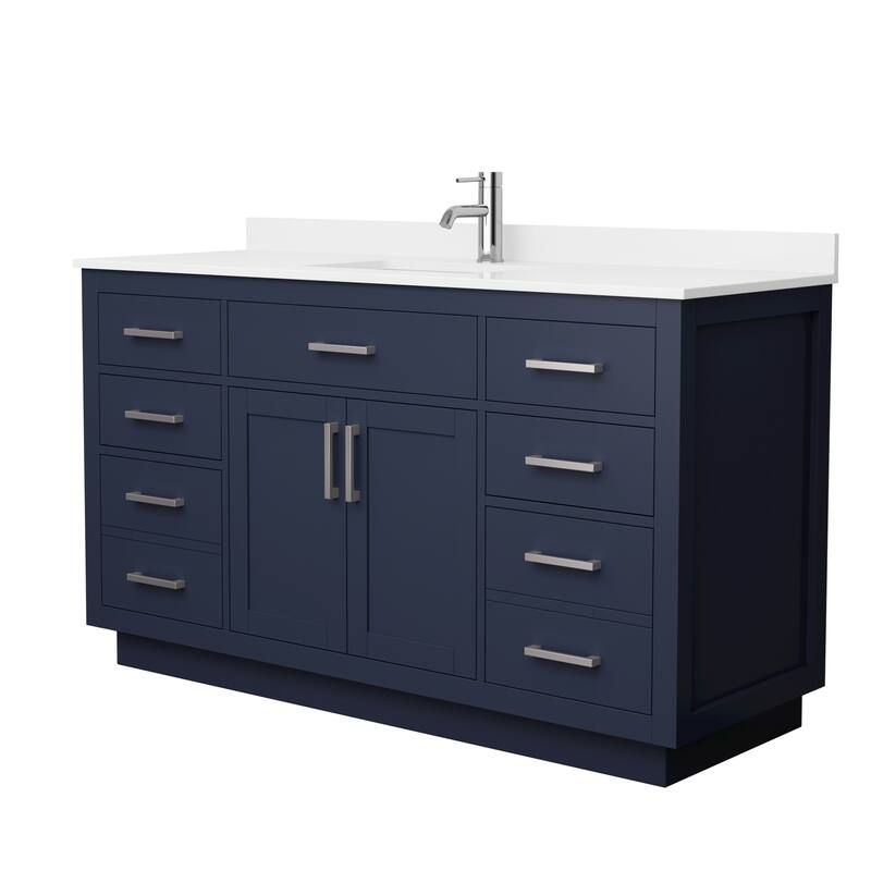 Beckett TK 60-inch Single Vanity, Single Hole Quartz Top - Dark Blue, Nickel Trim, White Quartz Top