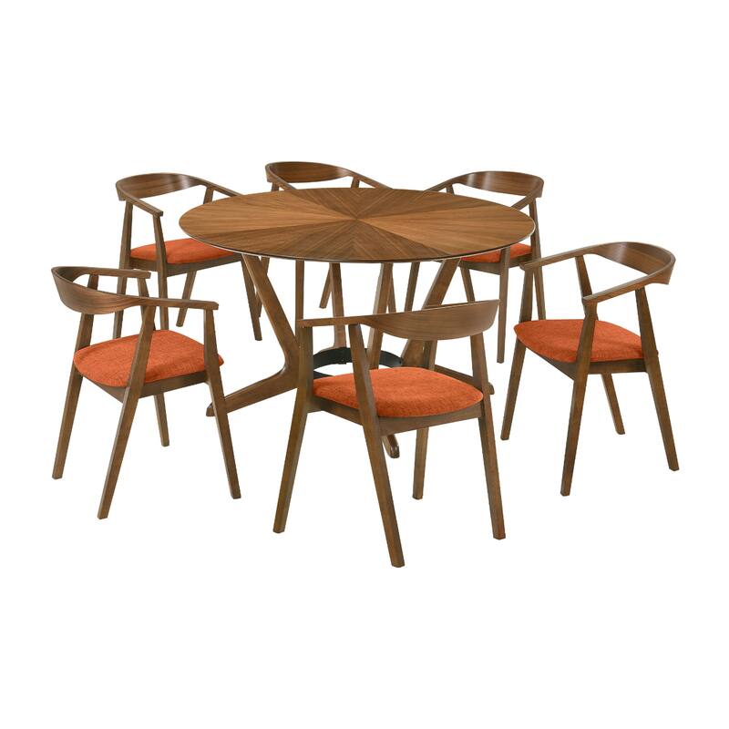 Alana 7 Piece Round Dining Table Set, Walnut Brown Wood, 6 Orange Chairs