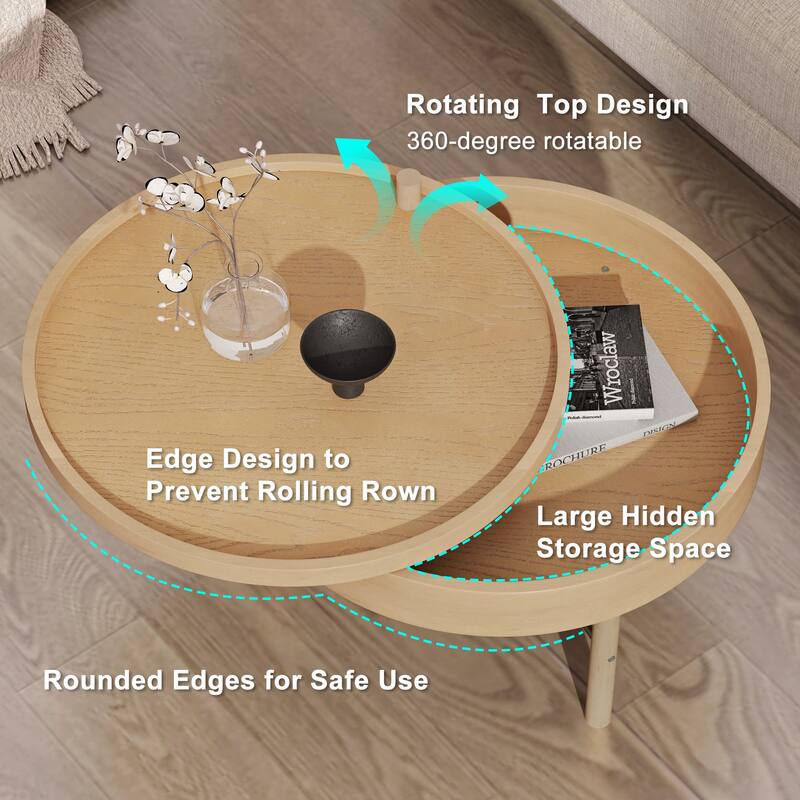 24" Modern Wooden Coffee Table with Rotating Top and Large Hidden Storage Space