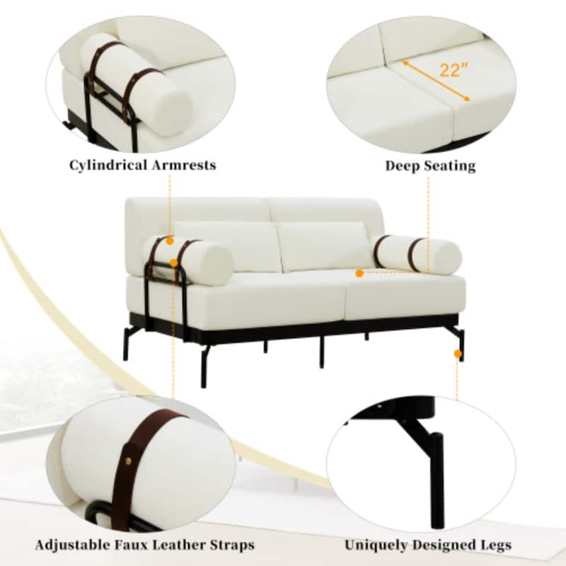 59" Modern 2-seater Sofa Couch with Flexible USB Ports and Cylindrical Armrests