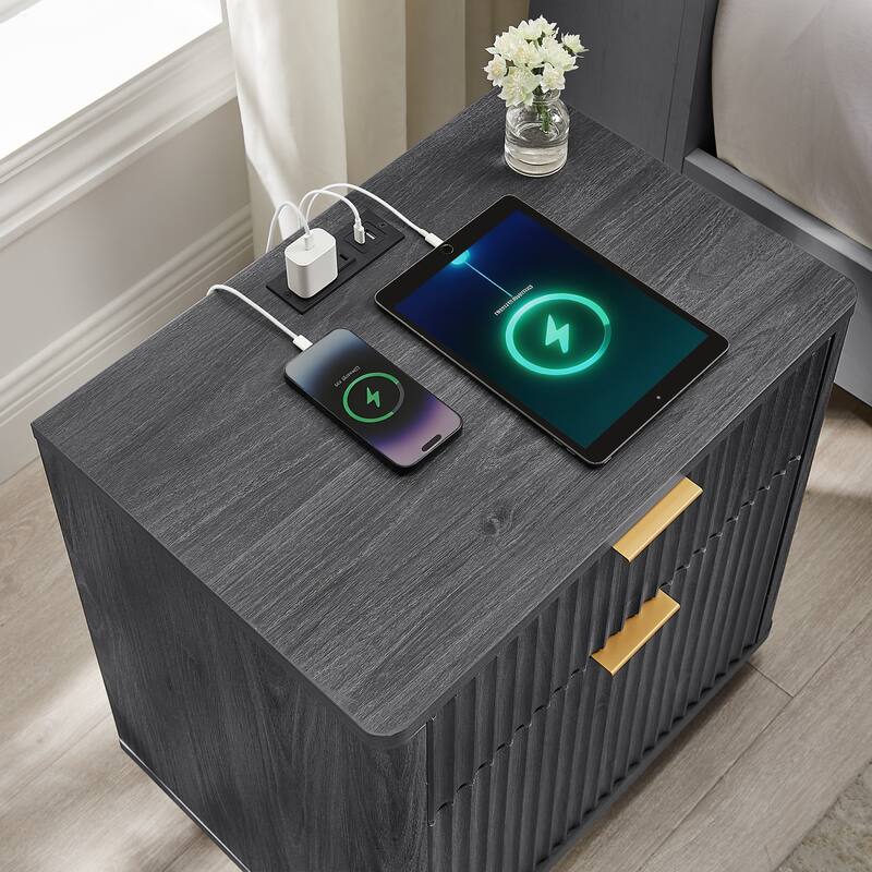 Modern Fluted Nightstand with Charging Station, 2 Drawer Bedside Table