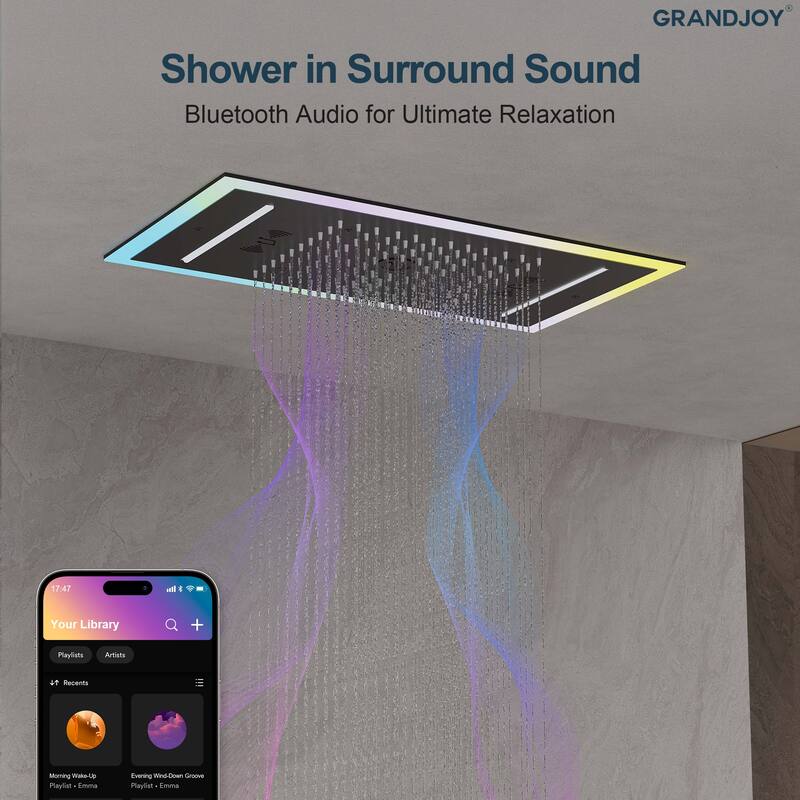 GRANDJOY Thermostatic LED Rain and Waterfall Shower System with Handheld, Ceiling-Mount Modern Design