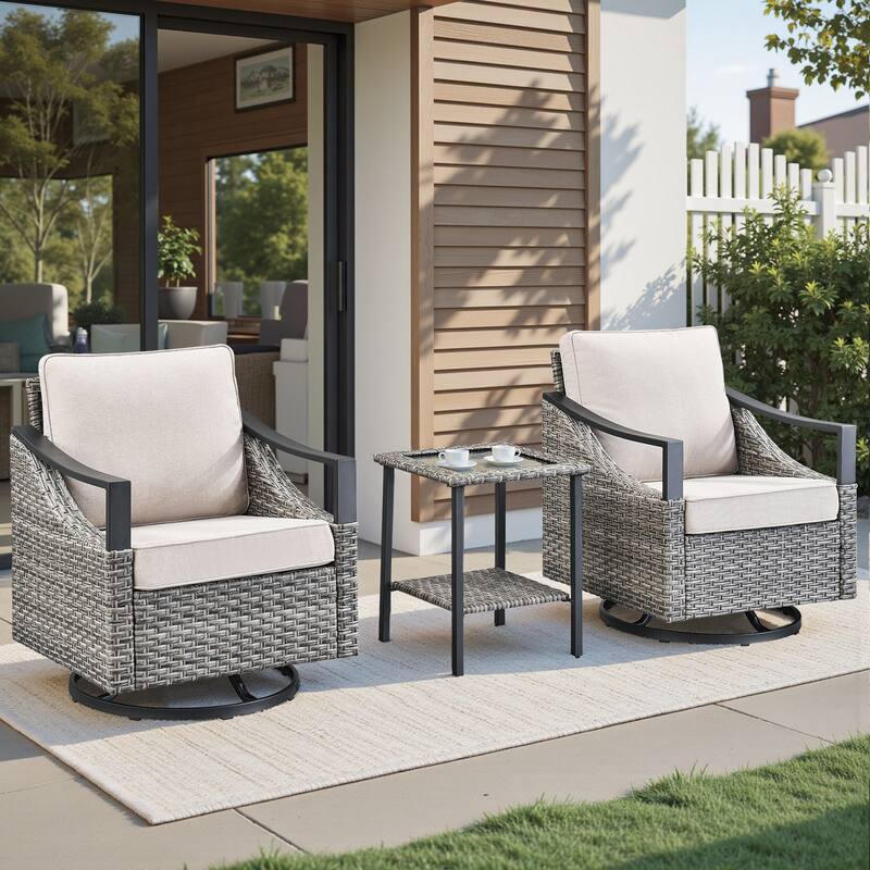 Pocassy Outdoor Patio Swivel Glider Chairs with Cushion - Gray Wicker Beige Cushion - 3-Piece Swivel Chair with Side Table