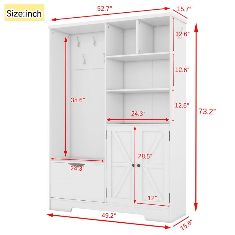 73.2"H Multi-functional Hall Tree with Storage Shelves Drawers and Cabinet
