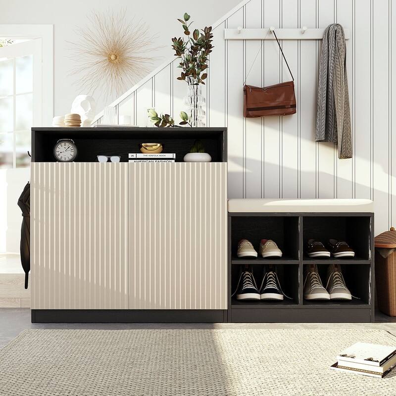 Entryway Bench Cabinet With Cushion, 2 Doors and 3-Tier Adjustable Shelves for Entryway Organization