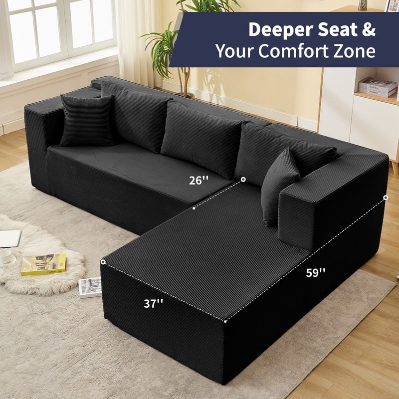 Mixoy W106'' Modern 2-Piece Free Combination Corduroy Upholstered L-Shaped Modular Sectional Sofa with Right Chaise and Pillow