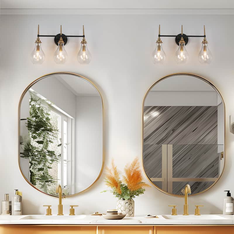 Synia Mid-Century Modern Black 3-Light Bathroom Vanity Lights Globe Wall Sconce Dimmable - L 21.6" x W 7.1" x H 14.5"