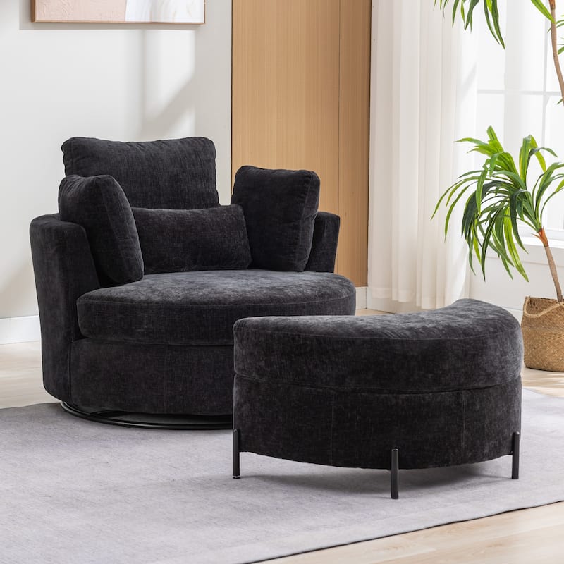 42.3"W Upholstered Swivel Accent Chair with 4 Pillows and Half-Moon Storage Ottoman - Black