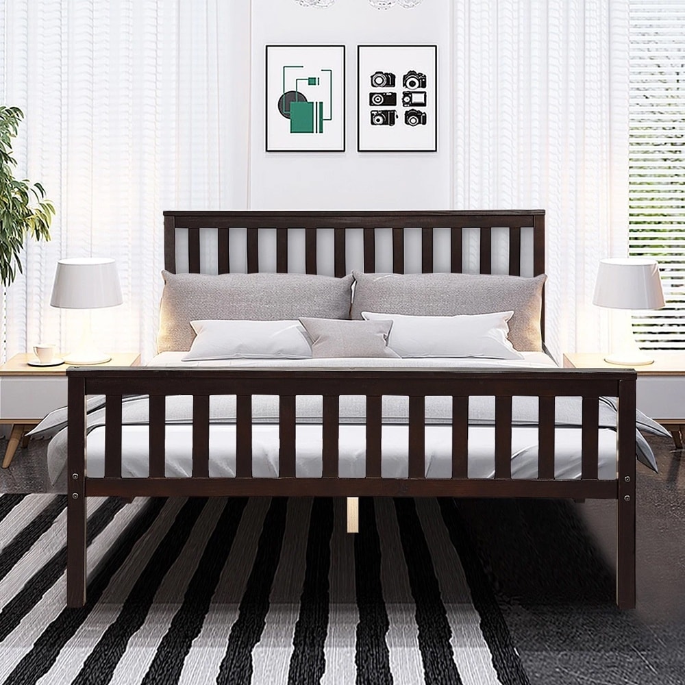 Wood Bed Frame Wood Slats Support Platform Headboard &Footboard Queen