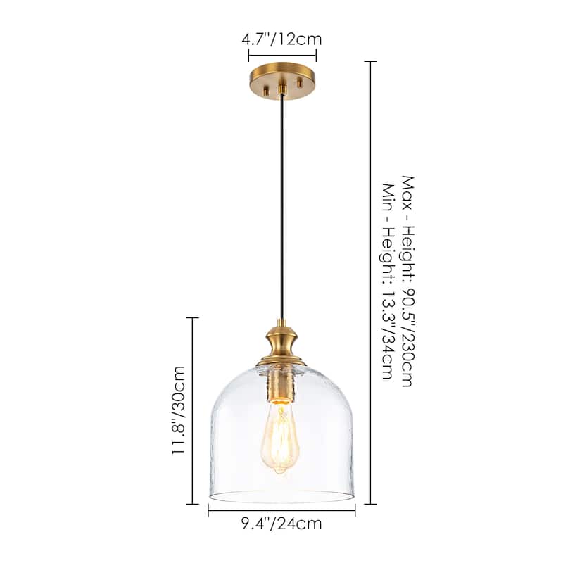 1-Light Modern Industrial Dome Pendant Light with Bell Shape Clear Hammered Glass and Adjustable Hanging Height