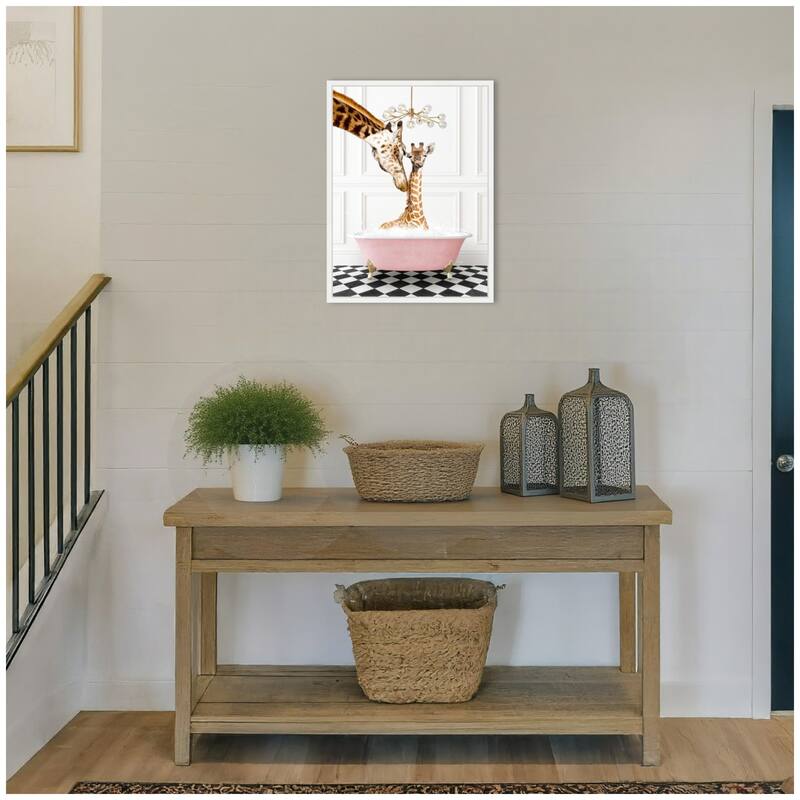 Kate and Laurel Sylvie Mother and Baby Giraffe in Pink Bathtub on Checker Floor Framed Canvas by Amy Peterson