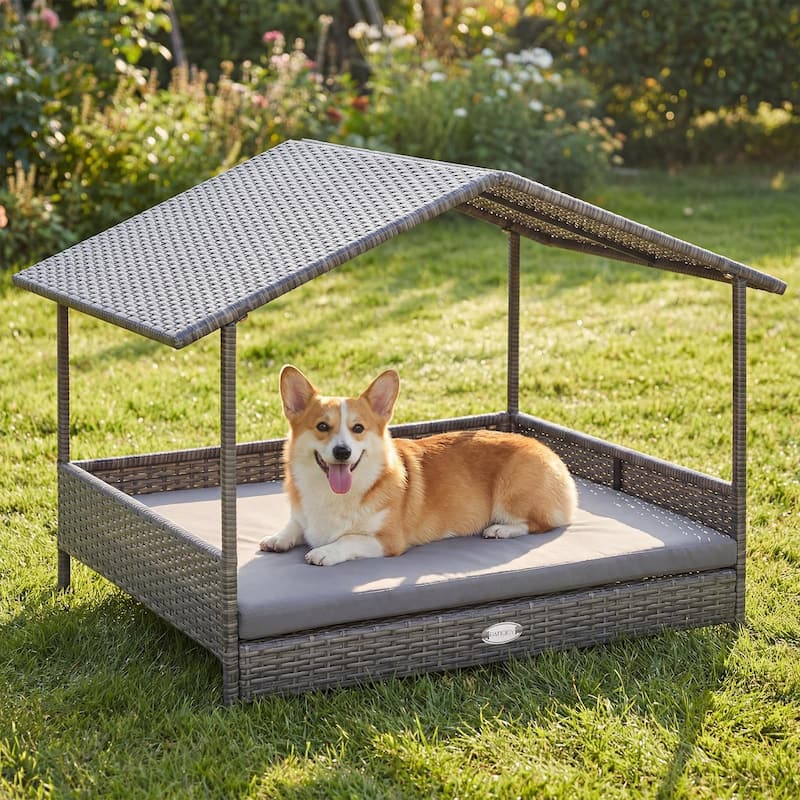 Gymax Wicker Dog House w/ Canopy PE Rattan Dog Bed Waterproof - Gray