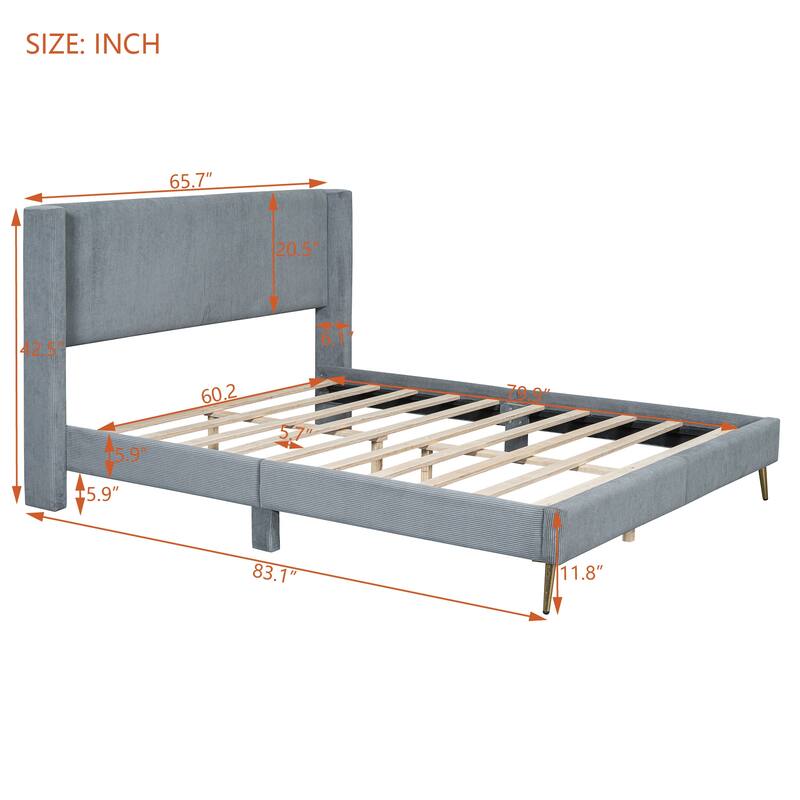 Queen Size Corduroy Platform Bed with Metal Legs, Gray