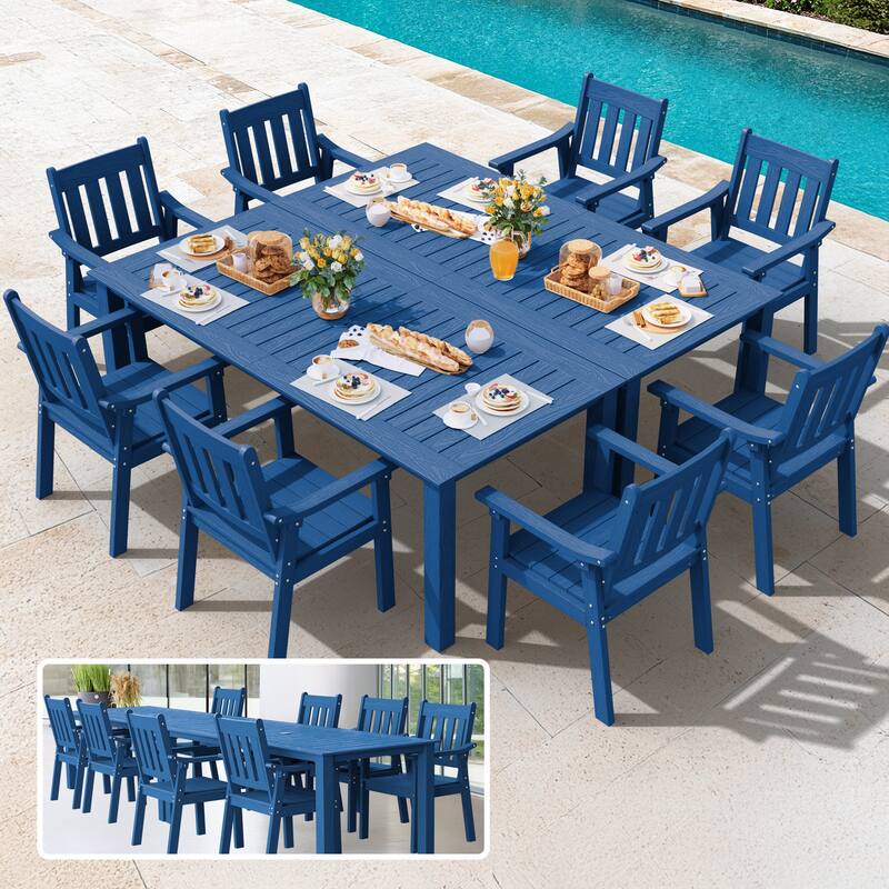 WINSOON 10-Piece HIPS All Weather Outdoor Patio Dining Sets with Umbrella Hole& Aluminum Frame,2-Table 8-Chairs - Navy