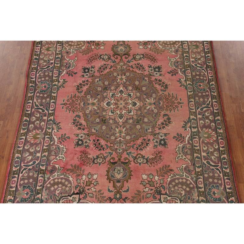 Pink Tabriz Persian Vintage Area Rug Handmade Wool Carpet - 6'8" x 9'10"