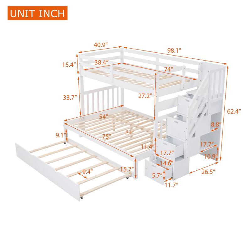 Space-Saving Twin Over Twin/Full Bunk Bed with Twin Trundle, Adjustable Stairs, Safe Guardrails, Solid Pine Wood