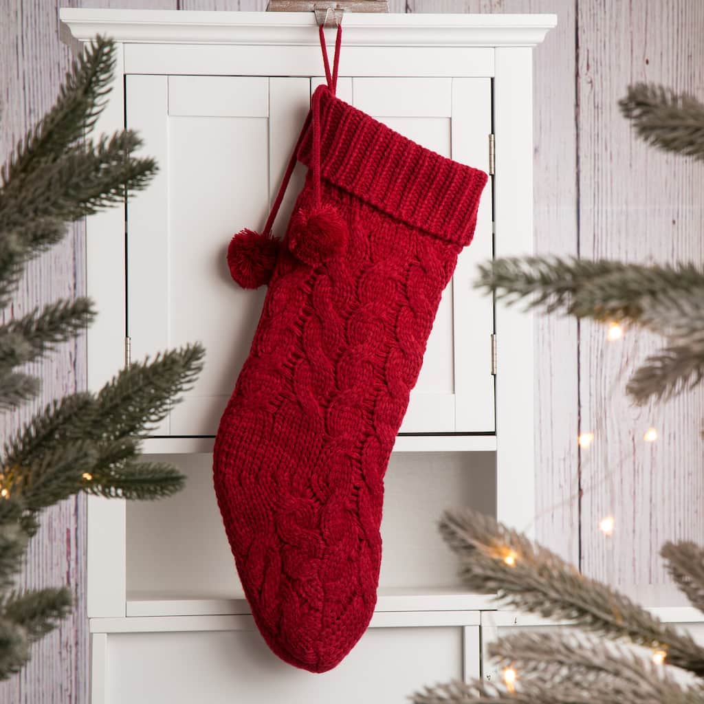 Glitzhome 24"L Knitted Christmas Stocking With Pom Pom Ball