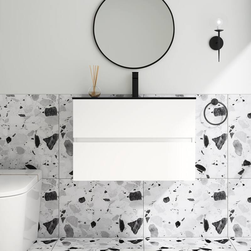 Wall-Mounted Bathroom Vanity Set in White with Black Quartz Top and Integrated Sink - 30"