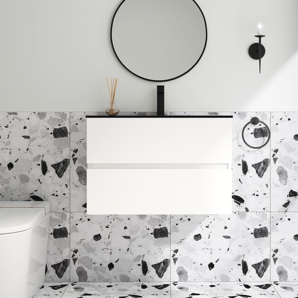 Wall-Mounted Bathroom Vanity Set in White with Black Quartz Top and Integrated Sink