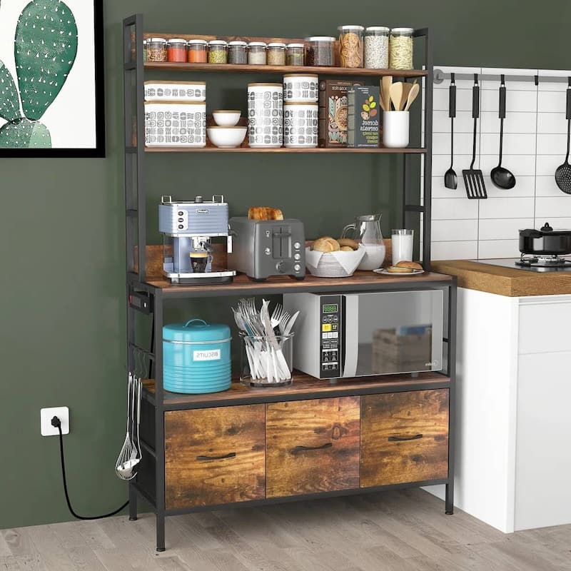 Kitchen Storage Rack with 4 Wooden Shelves Drawers and Baskets USB Ports and Microwave Shelf - 62.2'' H x 39.3'' W x 13.3'' D