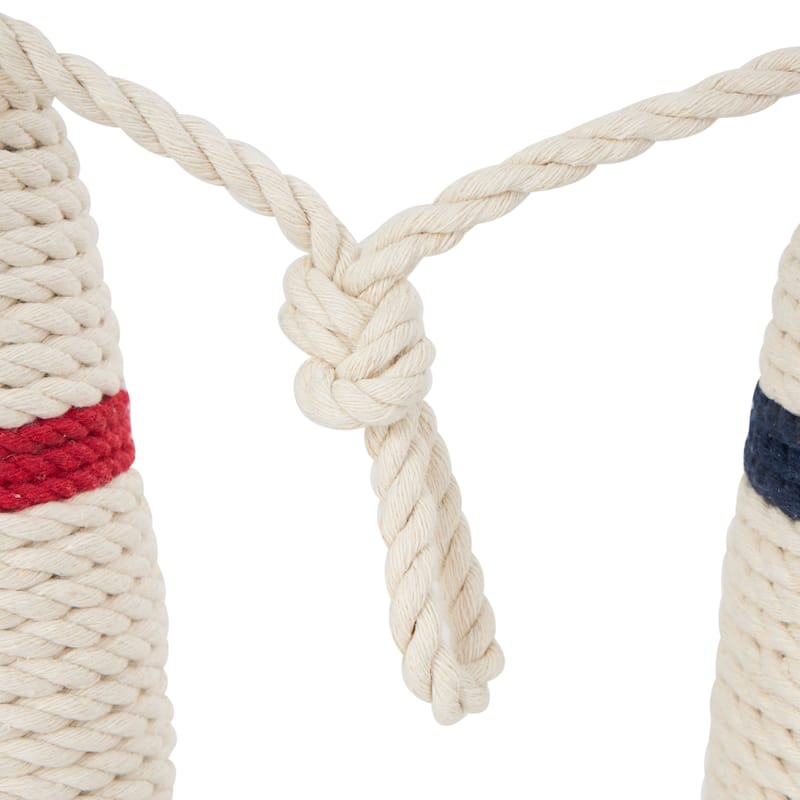 White or Brown Wood Handmade Coiled Striped Rope Buoy Sculpture with Joined Hanging Handle (Set of 2)