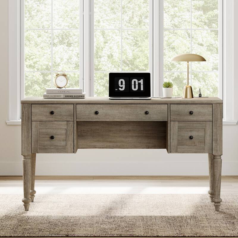 56'' Farmhouse Executive Desk with Drawers White/Oak - 5 Drawers and 2 Doors