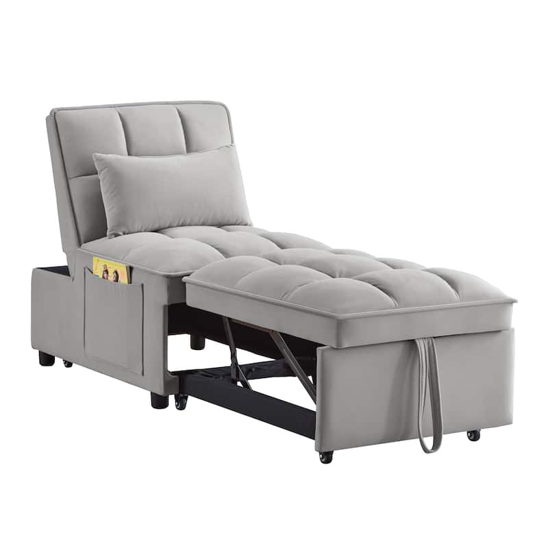 Anmytek 4-in-1 Convertible Single Sofa Bed - Tufted Pull-out Chaise Lounge with Adjustable Backrest, Pillows & Storage Pockets