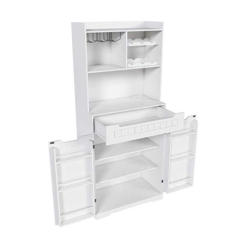 Kitchen Pantry Cabinet with 2 Drawers & Barn Doors, Freestanding Sideboard with Internal Storage Rack & Open Compartments