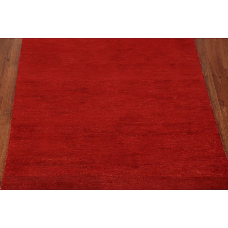 Gabbeh Modern Rug Hand-Knotted Solid Red Wool Carpet - 3'10" x 5'10"