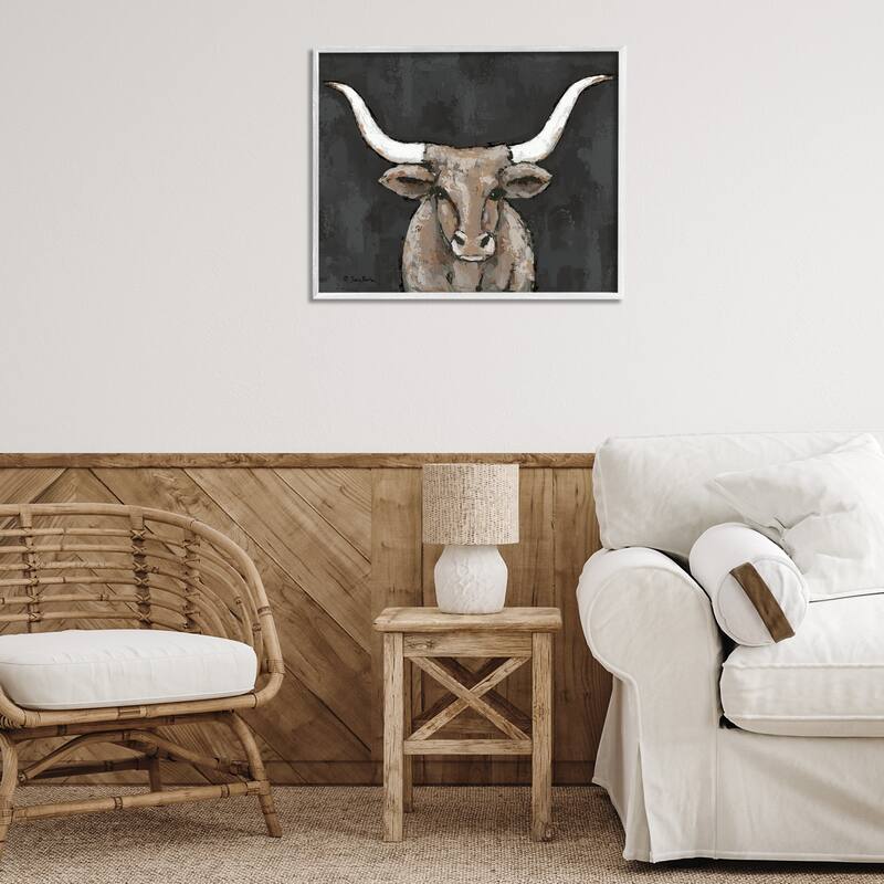 Stupell Longhorn on Murky Grey Framed Giclee Art Design By Sara Baker