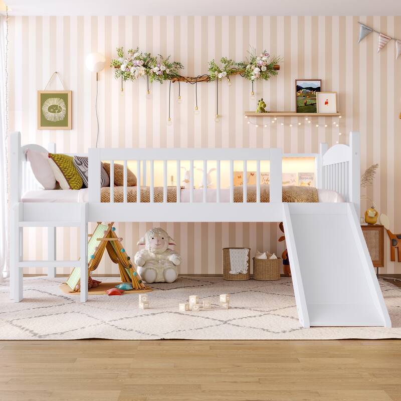 Twin Loft Bed with Storage Shelves, LED Lights & Guardrails