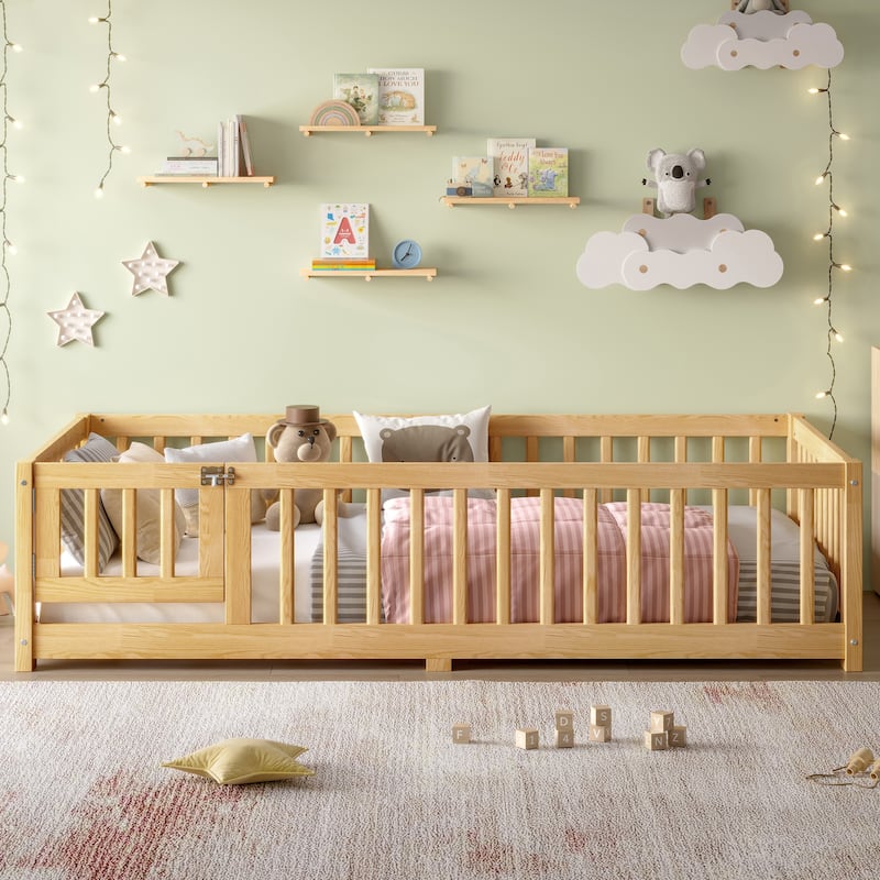 Natural Twin Size Bed Floor Bed w/ Safety Guardrails & Door for Kids