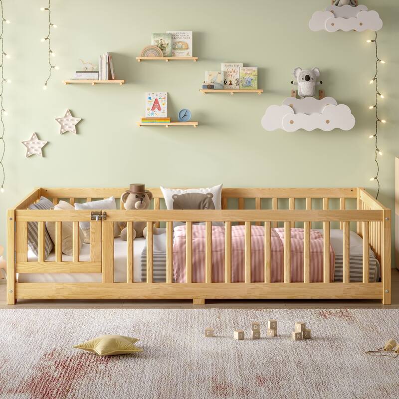 Roomfitters Twin Floor Bed with Safety Fence, Solid Wood Sleeping Frame with Opening Door and Guardrails, Natural - Natural