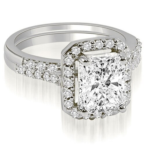 1.06 ct.tw 14K White Gold Emerald And Round Cut Halo Diamond Bridal Set,HI,SI1-2 HI, SI1-2