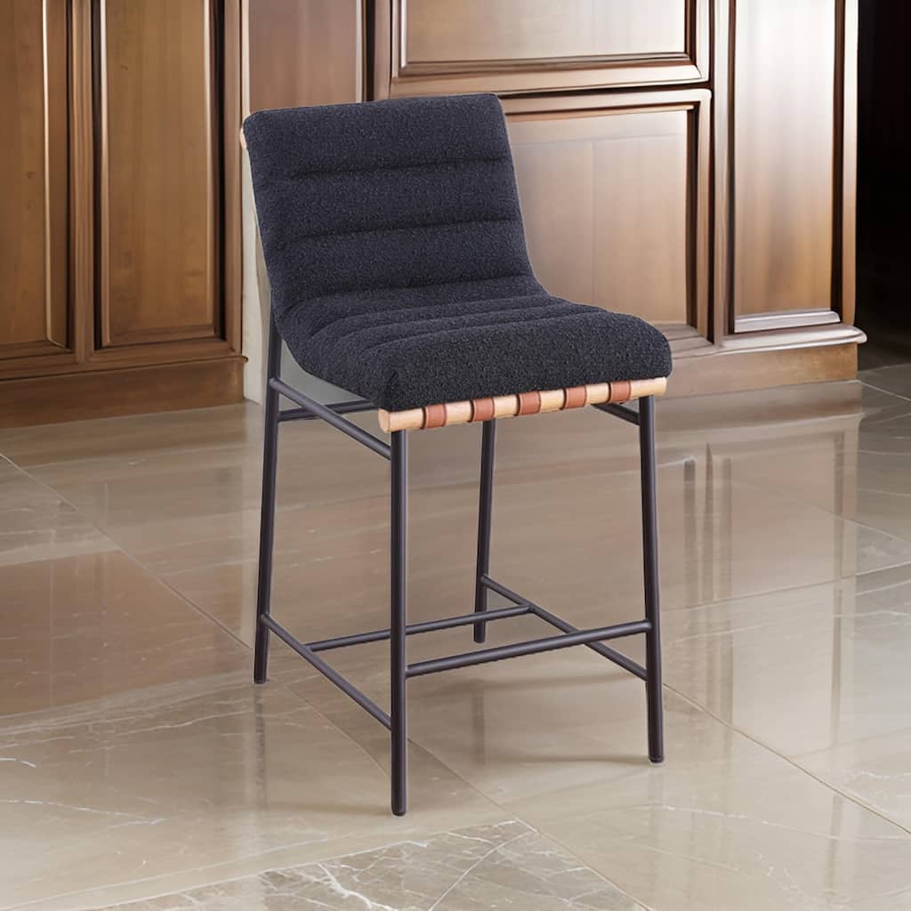 Kive 24 Inch Counter Height Stool Chair, Black Boucle Channel Tufted Seat, Steel