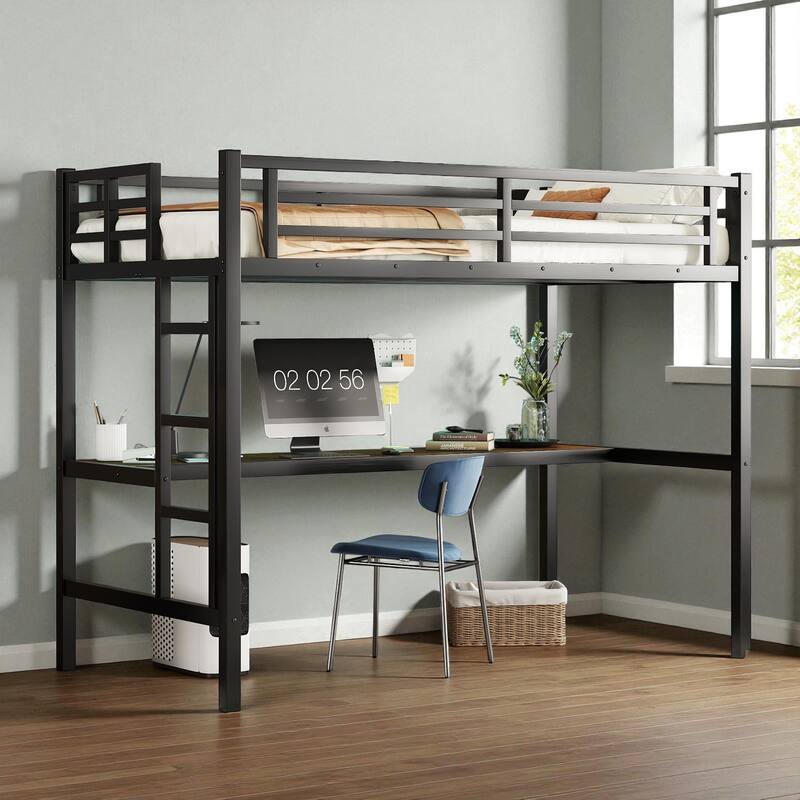 Metal Twin/Twin XL Loft Bed with Desk, Power Outlet & LED Lights, Space-Saving Noise-Free Frame for Study or Gaming Area