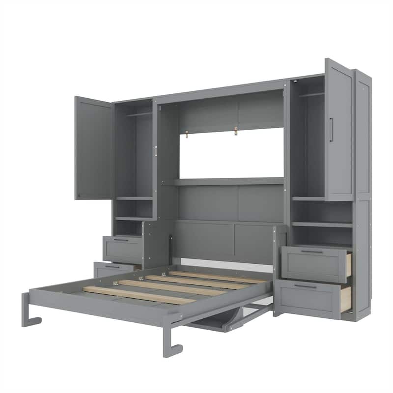 Full/Queen Size Horizontal Murphy Bed with Integrated Storage, Wood Wall Murphy Bed Frame with Closet, Drawers and Shelves