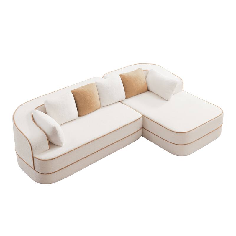 Teddy Fabric Contrast Sofa for Living Room, Upholstered Sectional Couch with L-Shaped Chaise, Boneless Couch with Throw Pillows