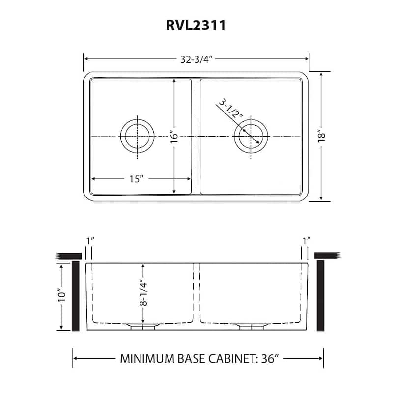 Ruvati 33 x 18 inch Fireclay Farmhouse Apron-Front Kitchen Sink Double Bowl - White - RVL2311WH