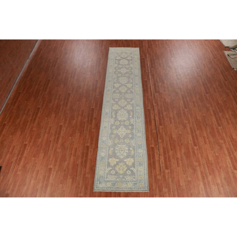Hand Knotted Oriental 100% Wool Carpet Transitional Floral Greys & Charcoal Oushak Runner Rug - 14' 7'' X 3' 4''
