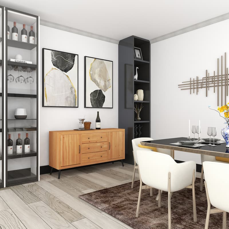 Light Brown Wooden 3 Drawers 1 Shelf and 2 Doors Buffet