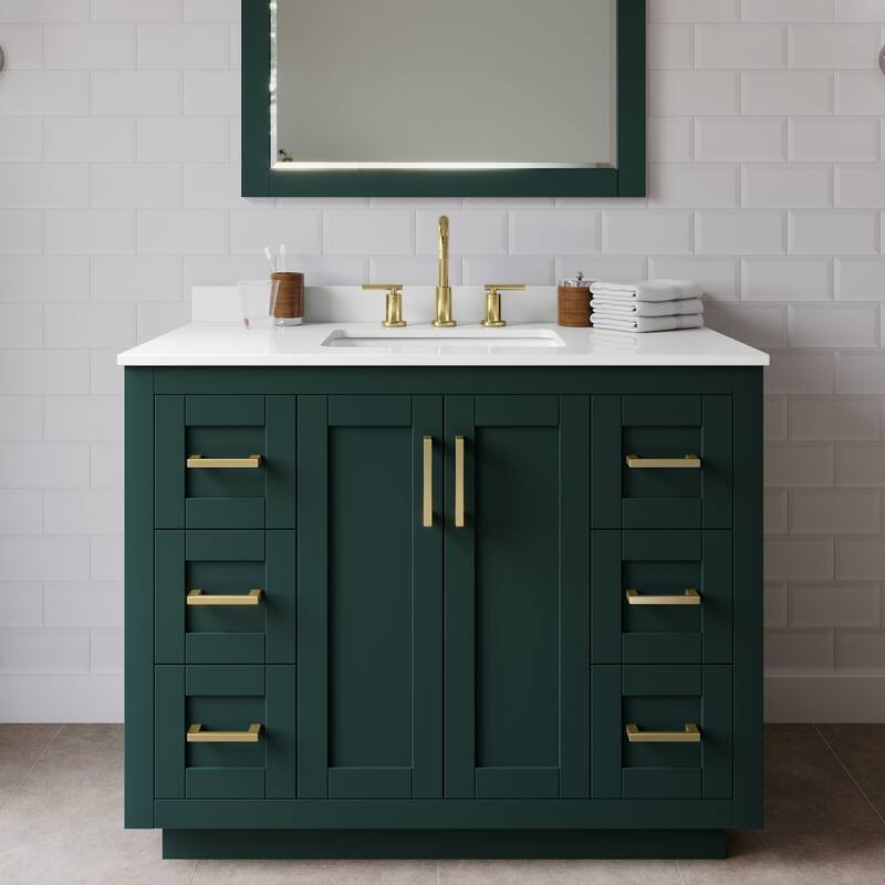 Wyndham Collection WCF292942S-QTZ-US3M34 Miranda 42" Free Standing - Green / White Quartz Top / Brushed Gold Hardware