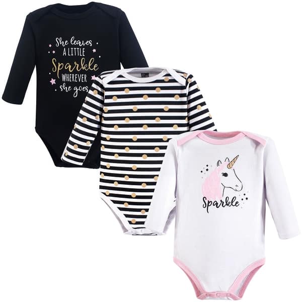 slide 1 of 1, Hudson Baby Infant Girl Cotton Long-Sleeve Bodysuits 3pk, Sparkle Unicorn 6-9 Months - Sparkle Unicorn 3-Pack