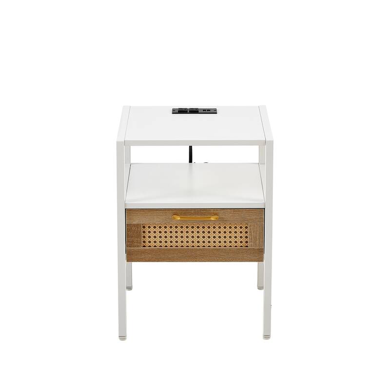 15.75" Rattan End table with Power Outlet & USB Ports, Modern nightstand with drawer and metal legs, side table(1 PC)
