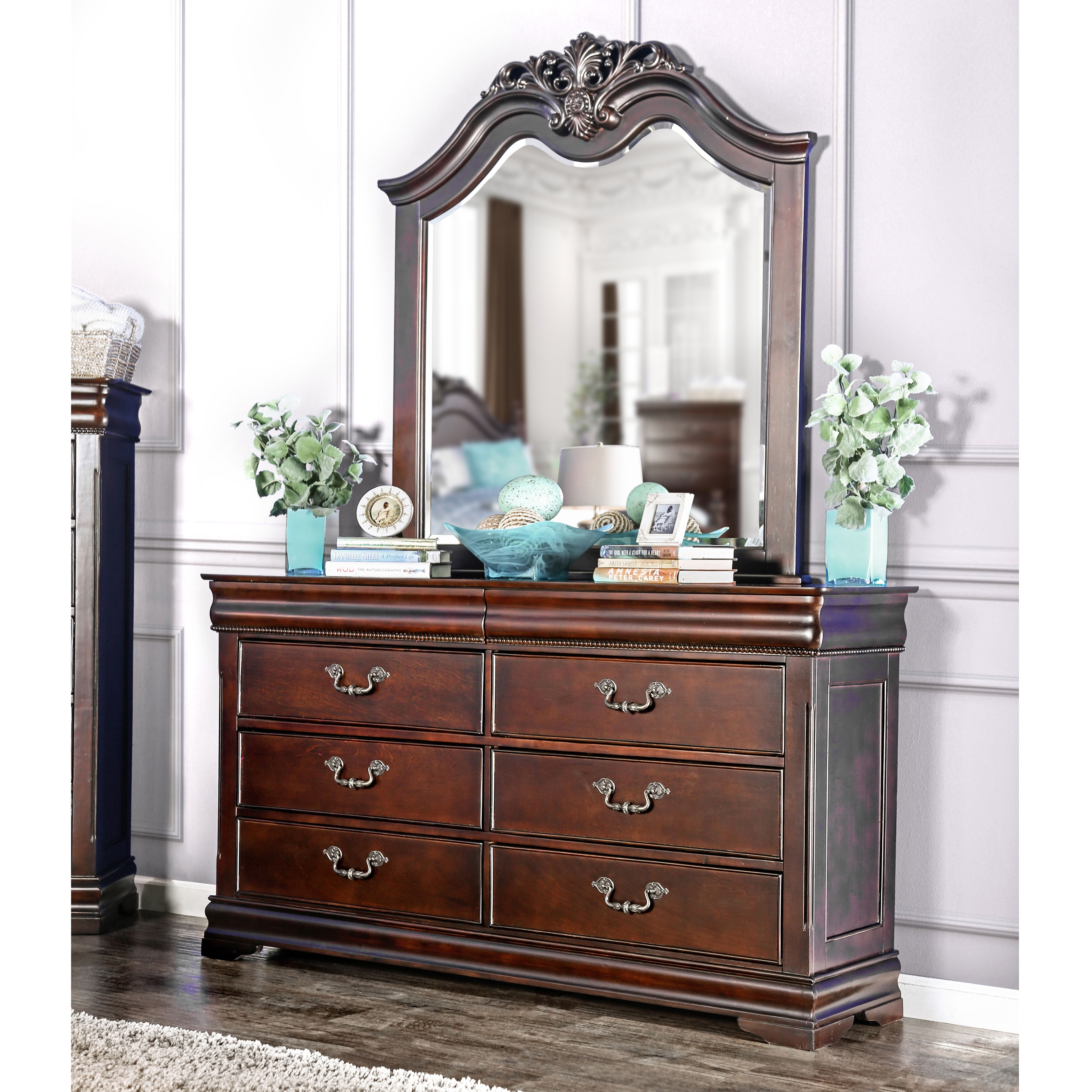 Furniture of America Diva Traditional Cherry 2-piece 6-Drawer Dresser and Mirror Set