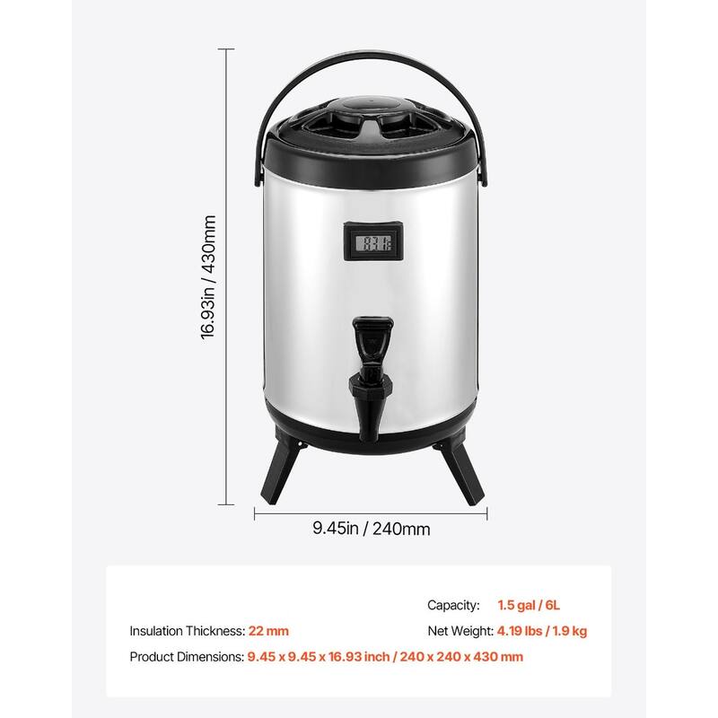Silver 1.5 Gallon Stainless Steel Insulated Beverage Dispenser with Spigot and Temp Display - 9.45 x 9.45 x 16.93 inch