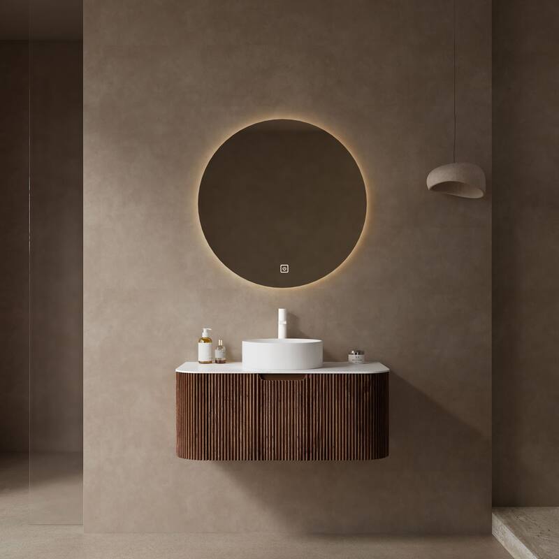 35" Wall-Mounted Bathroom Vanity with 14" Glossy Ceramic Vessel Sink, Dark Walnut 3D Striped Finish - 36 in ,Walnut,White ,Artificial Marble,Ceramic - Walnut,White