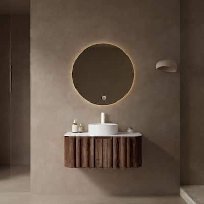 35" Wall-Mounted Bathroom Vanity with 14" Glossy Ceramic Vessel Sink, Dark Walnut 3D Striped Finish