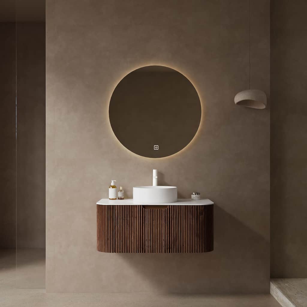 35" Wall-Mounted Bathroom Vanity with 14" Glossy Ceramic Vessel Sink, Dark Walnut 3D Striped Finish