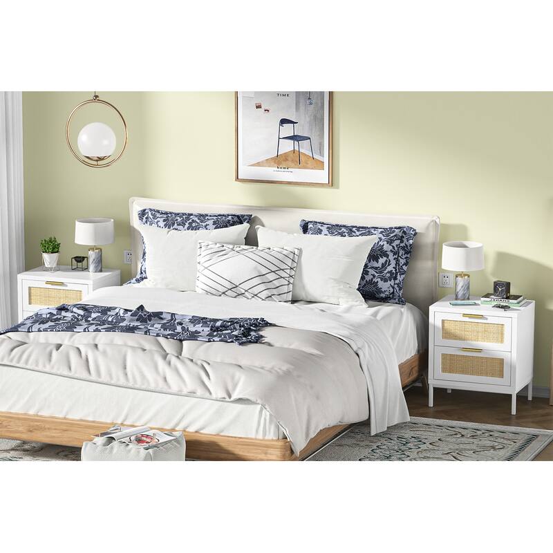 Anmytek Modern 2-Drawer Rattan White Nightstand Sofa End Table with Storage for Bedroom